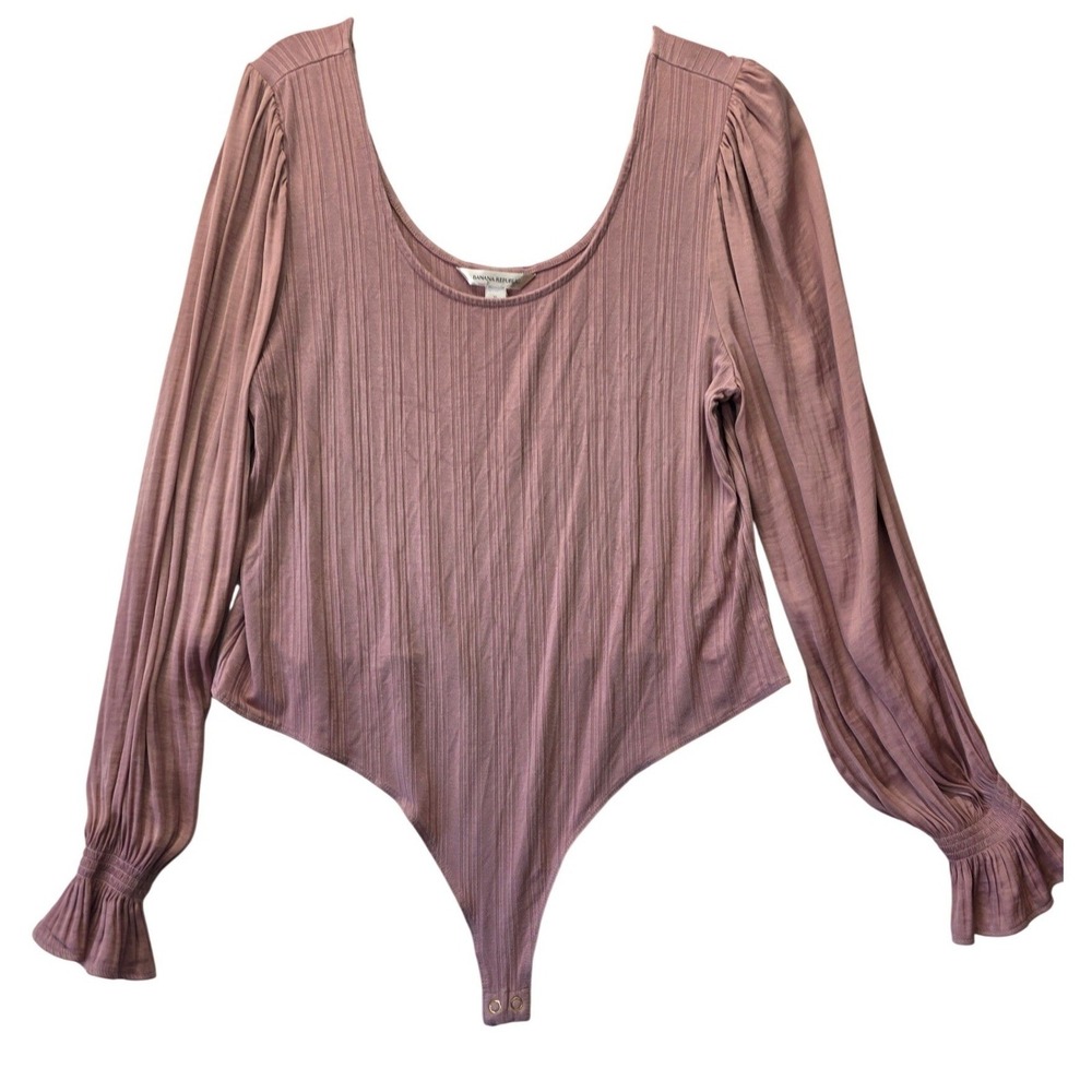 Banana Republic Ribbed Balloon Sleeve Bodysuit Mauve Pink XL Scoop Neck Smocked